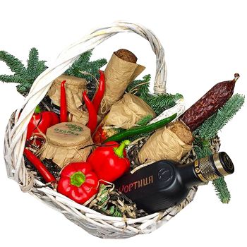 Новогодняя корзина для мужчины. annetflowers.com.ua. Купить подарочную корзину к новому году с колбасами